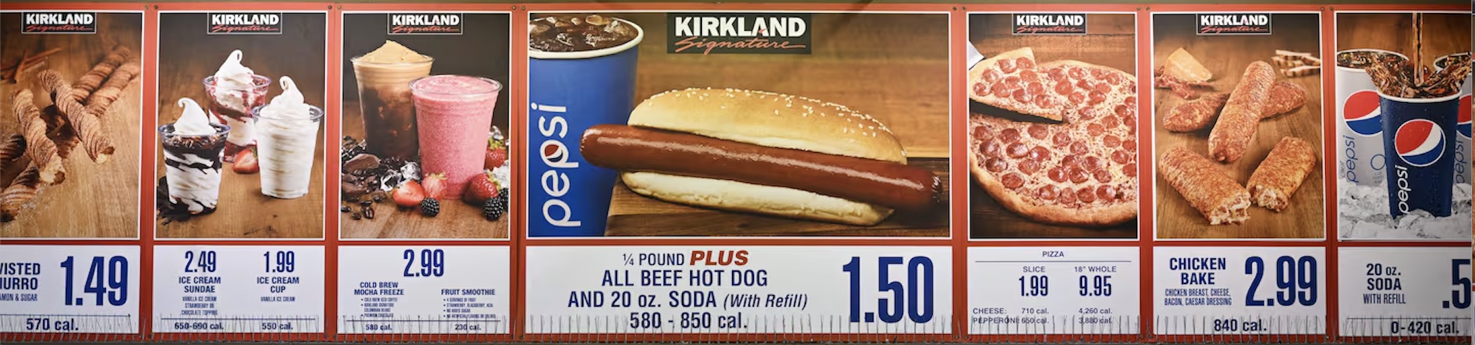 Food court menu board — all beef hot dog and 20 oz. soda, $1.50